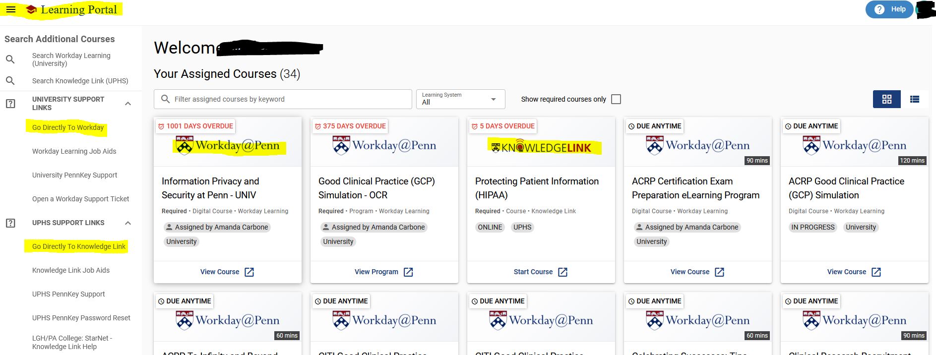 dashboard showing trainings